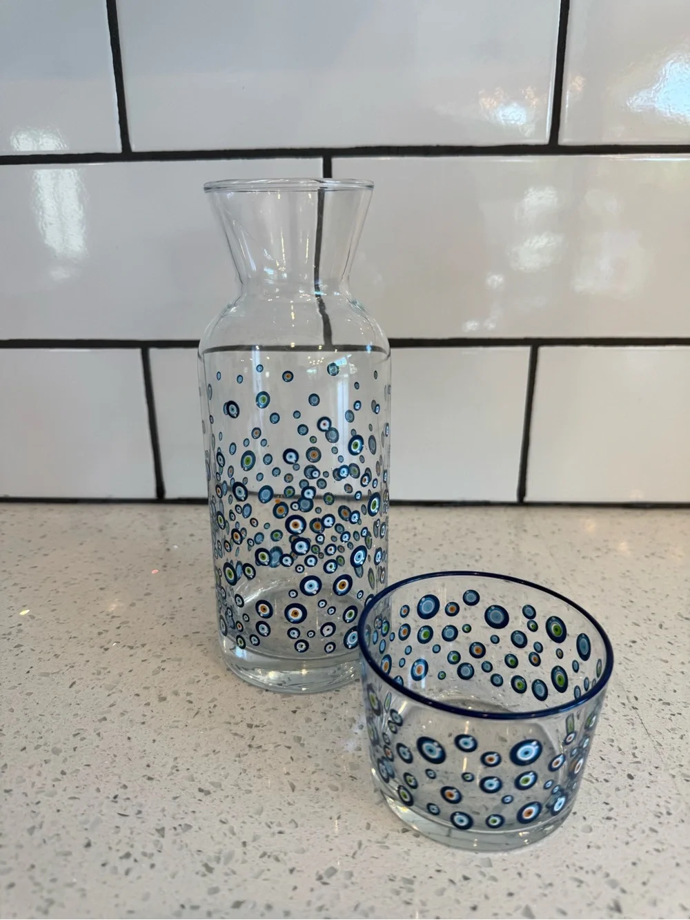 Rakle Glassware Evil Eye Watchful Eye Tumble-Up Carafe & Small Drinking Glass